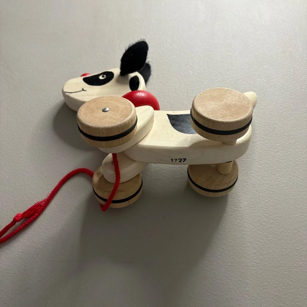 VTG Wooden Pull Toy Dog Spotted Puppy with Red Collar and Spring Tail 1727